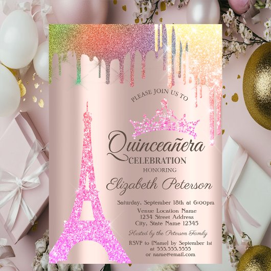 Invitation Tour Eiffel, Rainbow Drivers Rose Gold Quinceañera