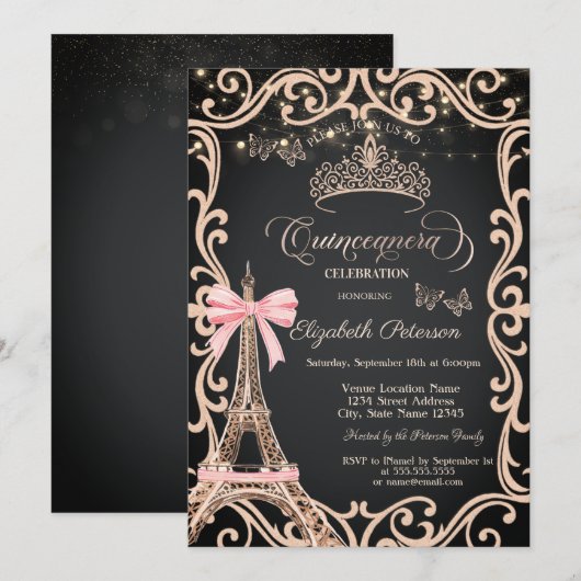 Invitation Tour Eiffel Robe Cadre Arc Bow Papillon Paillettes (Devant / Derrière)