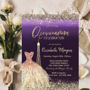 Invitation Tour Eiffel Robe de Confettis Violet Quinceanera