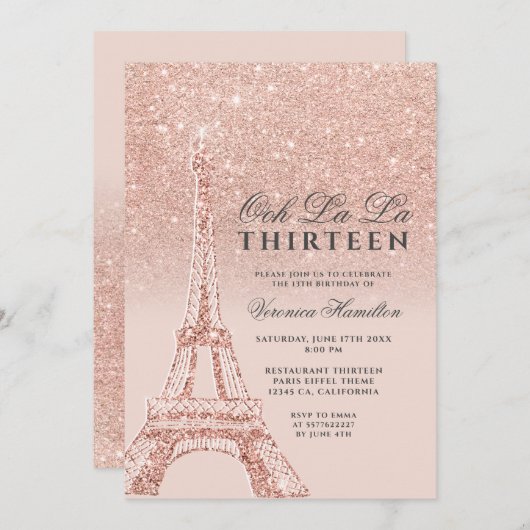 Invitation tour Eiffel rose gold paillettes rose chic treize (Devant / Derrière)