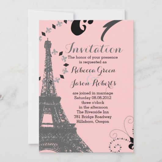 Invitation tour eiffel rose moderne mariage vintage paris (Devant)