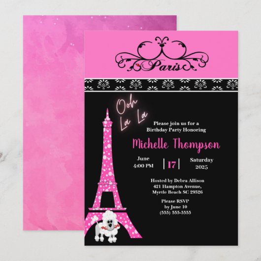 Invitation Tour Eiffel rose Noir Paris France Anniversaire (Devant / Derrière)