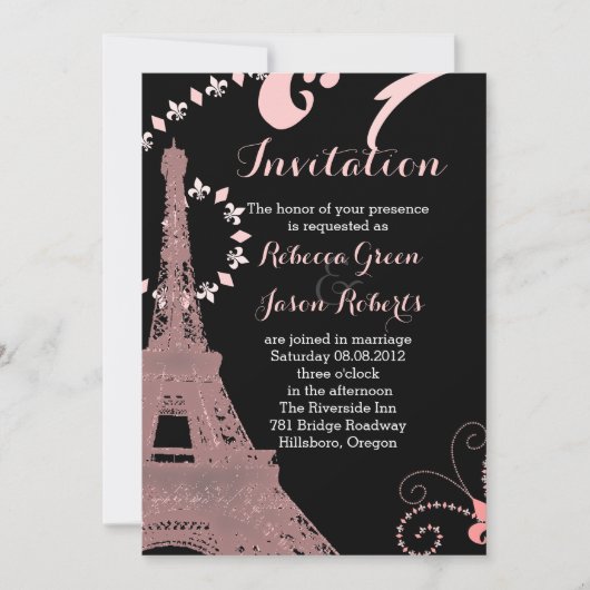 Invitation tour eiffel rose noir vintage paris mariage (Devant)
