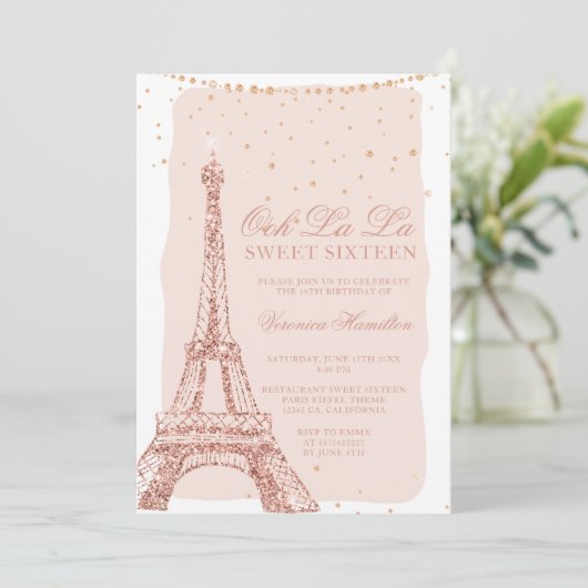 Invitation Tour Eiffel rose or parties scintillant blush Swee (Debout devant)