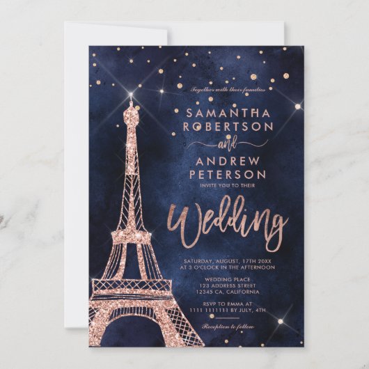 Invitation Tour Eiffel rose or parties scintillant marine ble (Devant)