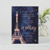 Invitation Tour Eiffel rose or parties scintillant marine ble (Debout devant)