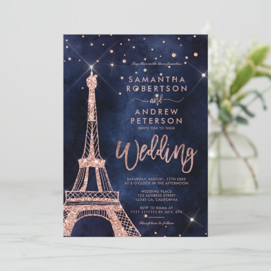 Invitation Tour Eiffel rose or parties scintillant marine ble (Debout devant)