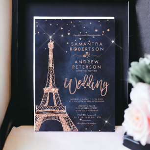 Invitation Tour Eiffel rose or parties scintillant marine ble