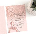 Invitation Tour Eiffel rose or parties scintillant rose rose<br><div class="desc">Un sweet sixteen moderne,  chic et glamour avec une parties scintillant en or rose dessinée à la main thème Paris Tour Eiffel avec parties scintillant en or rose,  ombre clinquant sur un arrière - plan pastel rose vif et modifiable.</div>