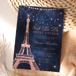 Invitation Tour Eiffel rose or parties scintillant scintillan<br><div class="desc">Un sweet sixteen moderne,  chic et glamour avec une parties scintillant en or rose dessinée à la main. Tour Eiffel à thème Paris avec parties scintillant en or rose brille sur un arrière - plan couleur bleu marine foncé.</div>