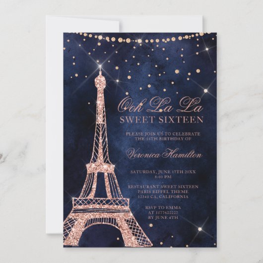 Invitation Tour Eiffel rose or parties scintillant scintillan (Devant)