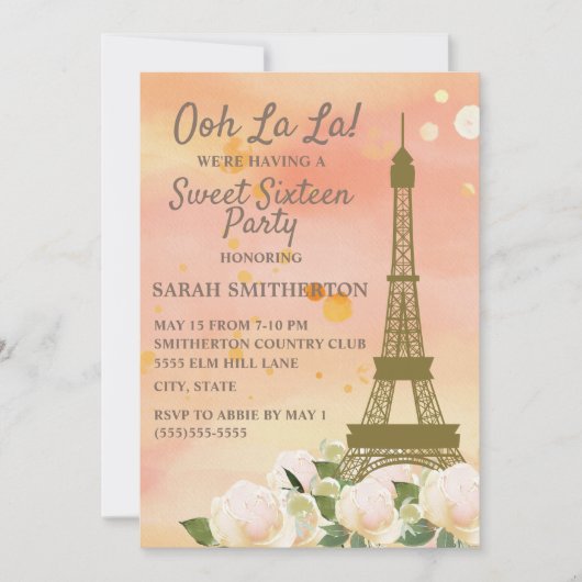 Invitation Tour Eiffel rose Orange Blanc Floral Sweet 16 (Devant)