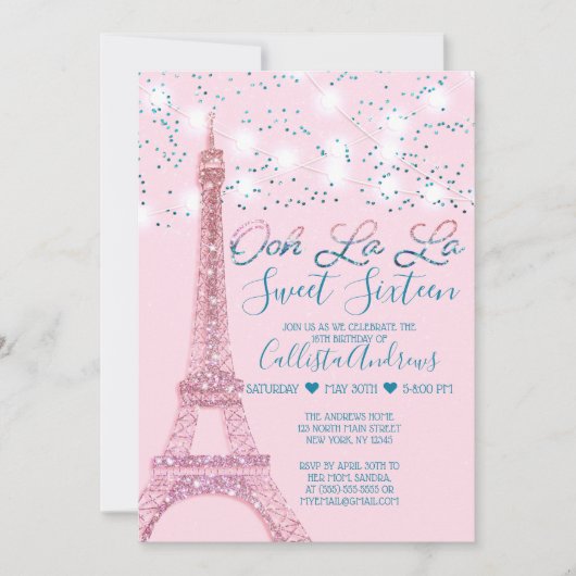 Invitation Tour Eiffel rose Paris Parties scintillant Lumière (Devant)