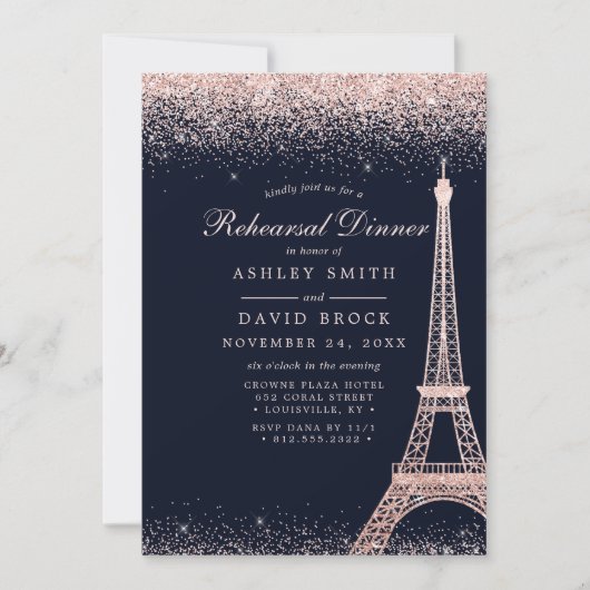 Invitation Tour Eiffel Rose Répétition Gold Sparkle (Devant)