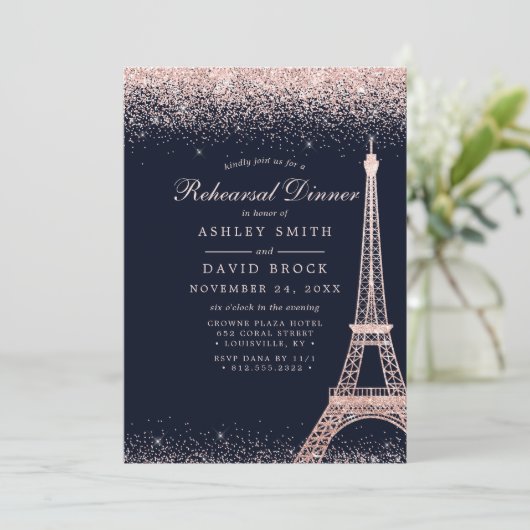 Invitation Tour Eiffel Rose Répétition Gold Sparkle (Debout devant)
