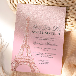 Invitation Tour Eiffel rose rose or parties scintillant Sweet