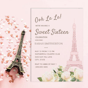 Invitation Tour Eiffel rose vif Blanc Floral Sweet 16