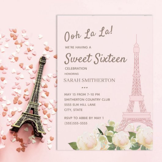 Invitation Tour Eiffel rose vif Blanc Floral Sweet 16