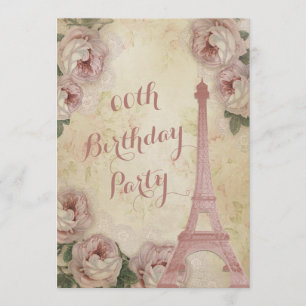 Invitation Tour Eiffel Roses au chou à tout âge fête d'annive