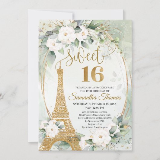 Invitation Tour Eiffel roses blanches verdure or ovale (Devant)
