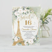 Invitation Tour Eiffel roses blanches verdure or ovale (Debout devant)