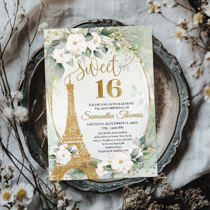 Invitation Tour Eiffel roses blanches verdure or ovale