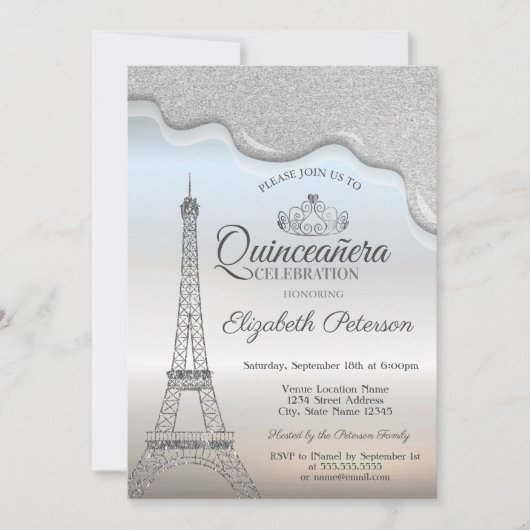 Invitation Tour Eiffel, Roulettes d'argent Quinceañera (Devant)
