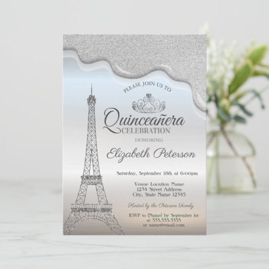 Invitation Tour Eiffel, Roulettes d'argent Quinceañera (Debout devant)