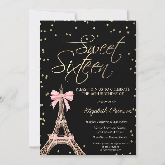Invitation Tour Eiffel Ruban Or Diamants Noir Sweet 16  (Devant)