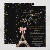 Invitation Tour Eiffel Ruban Or Diamants Noir Sweet 16  (Devant / Derrière)