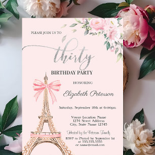 Invitation Tour Eiffel Ruban Rose Fleurs 30e Anniversaire