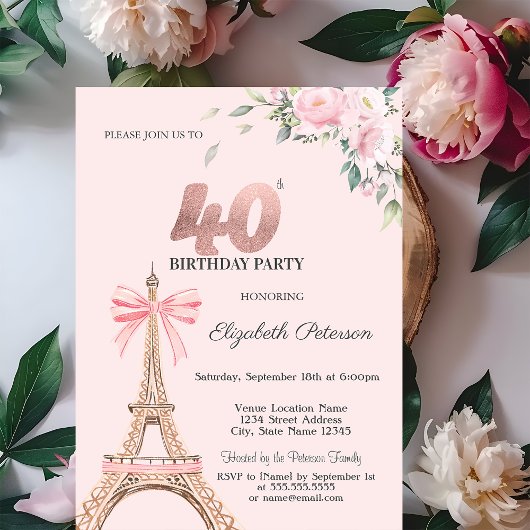 Invitation Tour Eiffel Ruban Rose Fleurs 40e Anniversaire