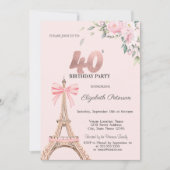 Invitation Tour Eiffel Ruban Rose Fleurs 40e Anniversaire (Devant)