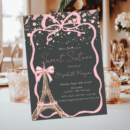 Invitation Tour Eiffel Ruban Rose Points Gris Sweet 16