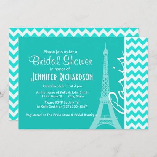 Invitation Tour Eiffel sur Aqua Color Chevron (Devant / Derrière)