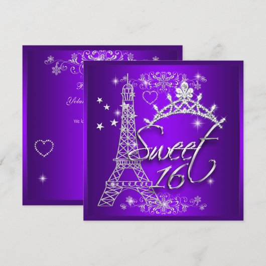 Invitation Tour Eiffel Sweet 16 seize ans Violet (Devant / Derrière)