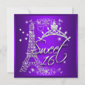 Invitation Tour Eiffel Sweet 16 seize ans Violet (Devant)