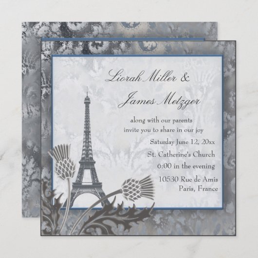 Invitation Tour Eiffel Thistère écossais argent métallique (Devant / Derrière)