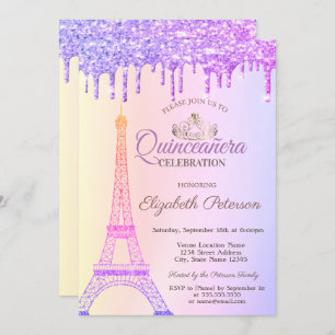 Invitation Tour Eiffel, Tiara, Boucles Ombres Quinceañera