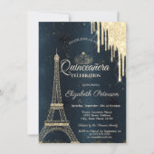 Invitation Tour Eiffel, Tiara, Déchets bleu foncé Quinceañera (Devant)