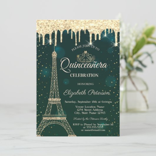 Invitation Tour Eiffel, Tiara, Dérivées Vertes Quinceañera (Debout devant)
