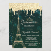 Invitation Tour Eiffel, Tiara, Dérivées Vertes Quinceañera (Devant / Derrière)