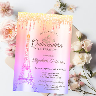Invitation Tour Eiffel,Tiara,Drips Ombre Quinceañera