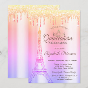 Invitation Tour Eiffel,Tiara,Drips Ombre Quinceañera