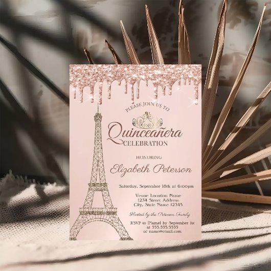 Invitation Tour Eiffel, Tiara, Rose Vernis d'or Quinceañera