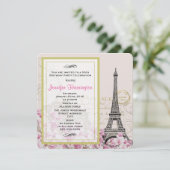 Invitation Tour Eiffel vintage aux fleurs roses Anniversaire (Debout devant)