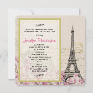 Invitation Tour Eiffel vintage avec fleurs roses Anniversaire