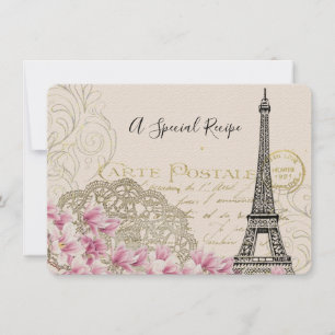 Invitation Tour Eiffel vintage avec Recette Fleurs Roses