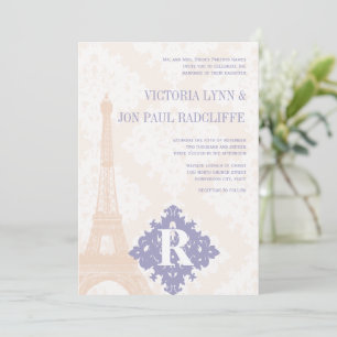 Invitation Tour Eiffel Vintage Damask Argent Peony Lavender