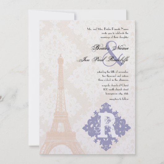 Invitation Tour Eiffel Vintage Damask Argent Peony Lavender (Devant)